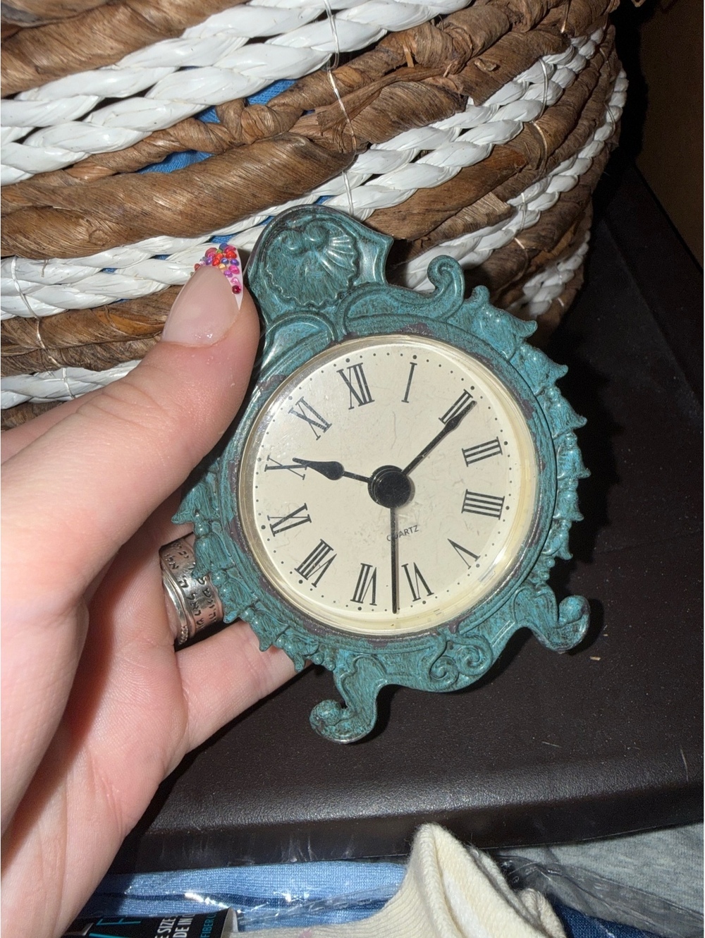 Antique blue decor clock timepiece Roman numerals distress